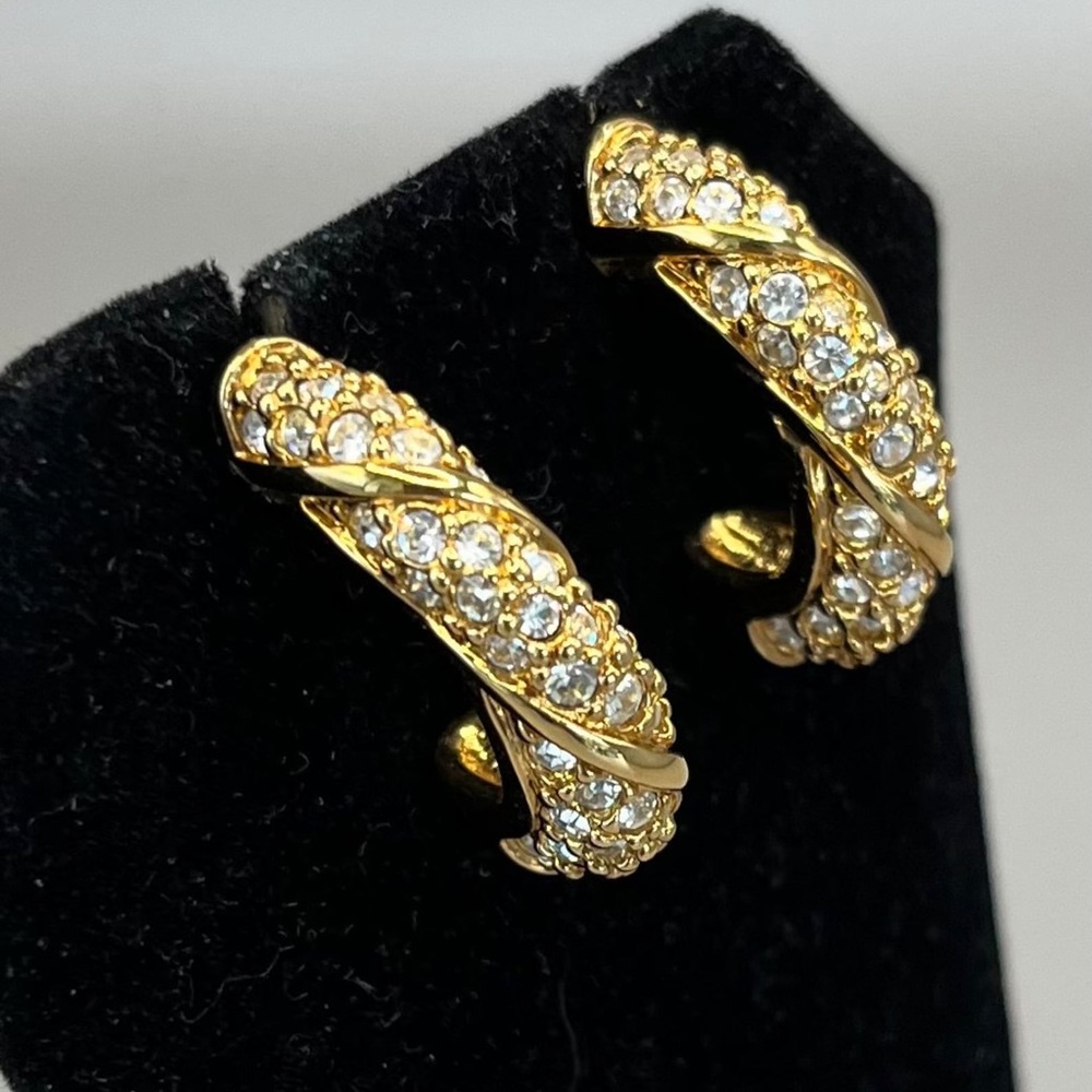 Rare Pierced Swarovski Crystal Half Hoop Pierced Earrings, Gold plated, Vintage